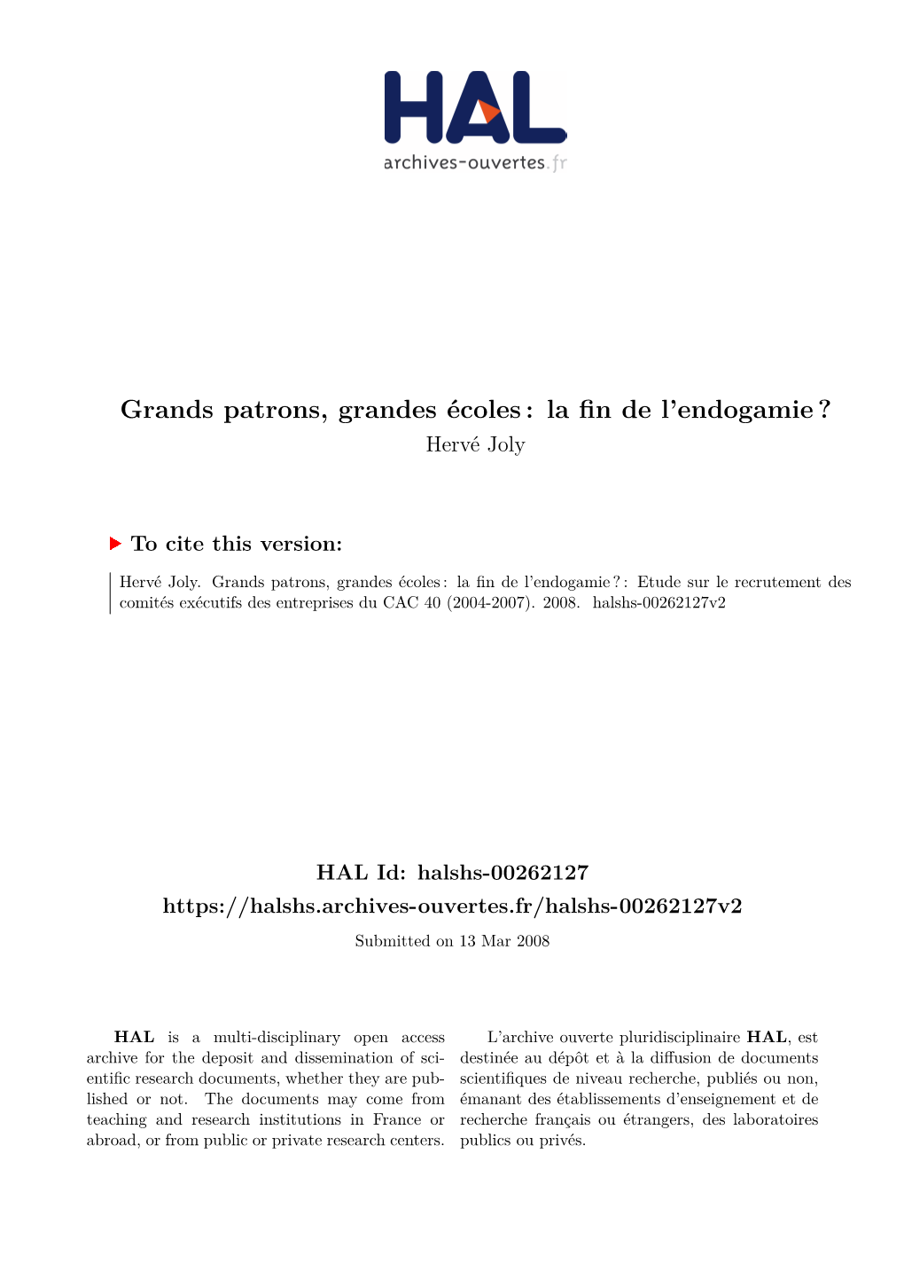 Grands Patrons, Grandes Écoles : La Fin De L’Endogamie ? Hervé Joly