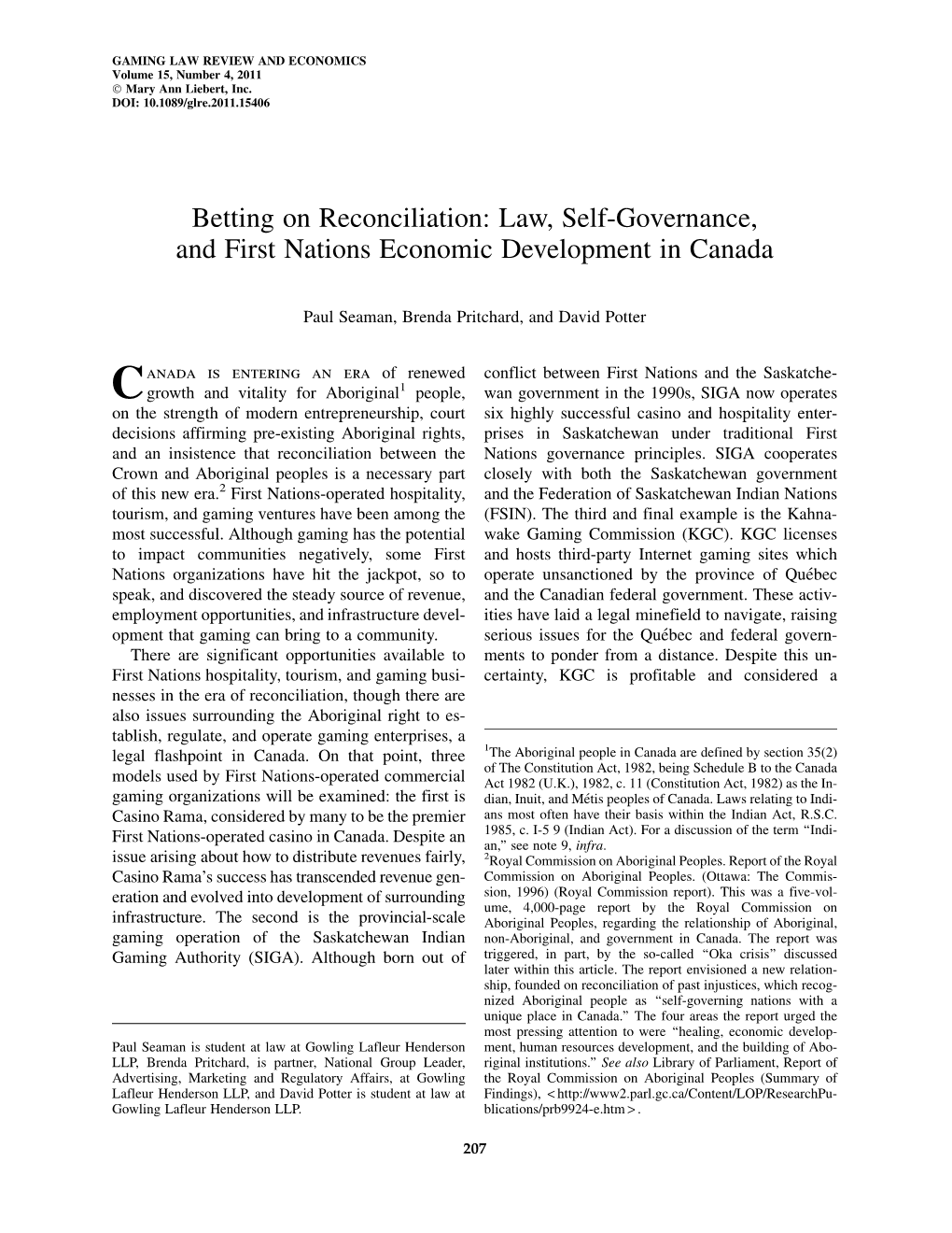 Betting on Reconciliation: Law, Self-Governance, and First Nations Economic Development in Canada