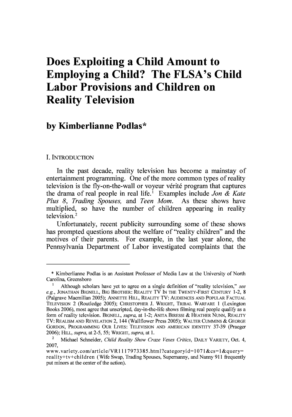 The FLSA's Child Labor Provisions and Children on Reality Television by Kimberlianne Podlas*