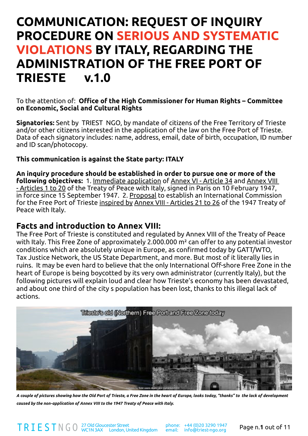 REQUEST of INQUIRY PROCEDURE on SERIOUS and SYSTEMATIC VIOLATIONS by ITALY, REGARDING the ADMINISTRATION of the FREE PORT of TRIESTE — V.1.0