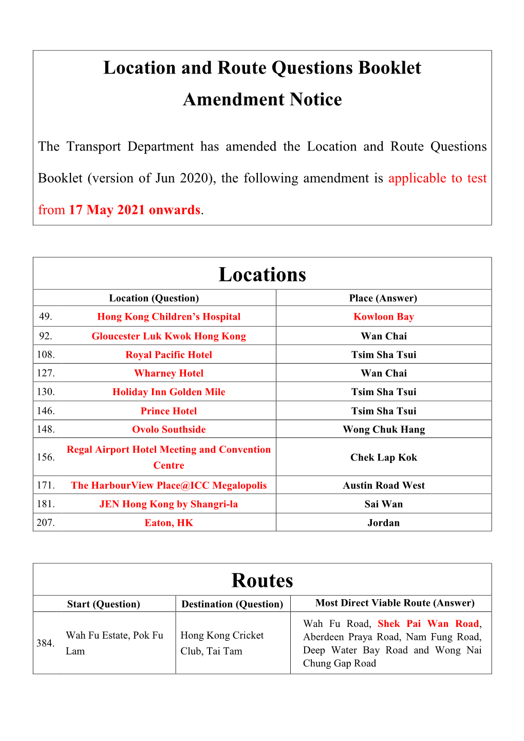 Location and Route Questions Booklet Amendment Notice