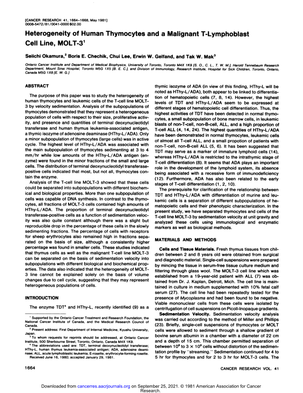 Heterogeneity of Human Thymocytes and a Malignant T-Lymphoblast Cell Line, MOLT-31