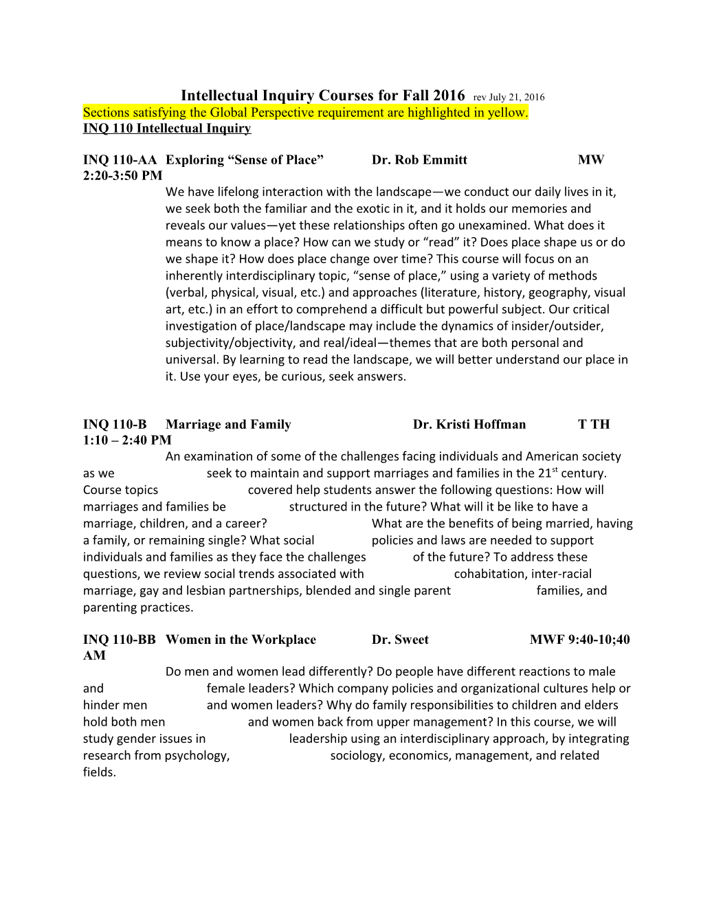 Sections Satisfying the Global Perspective Requirement Are Highlighted in Yellow