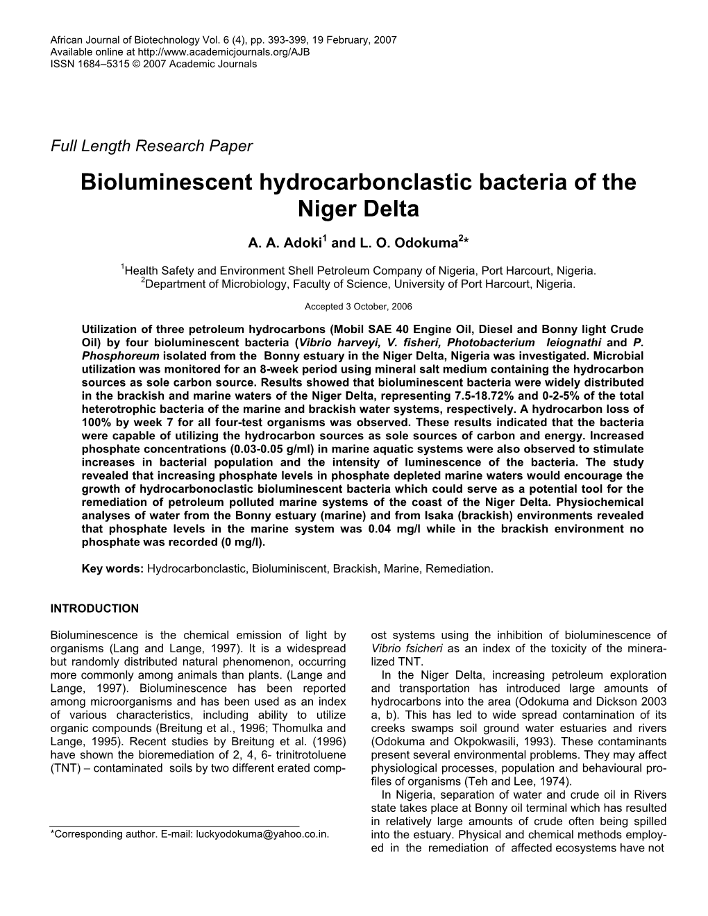 Bioluminescent Hydrocarbonclastic Bacteria of the Niger Delta
