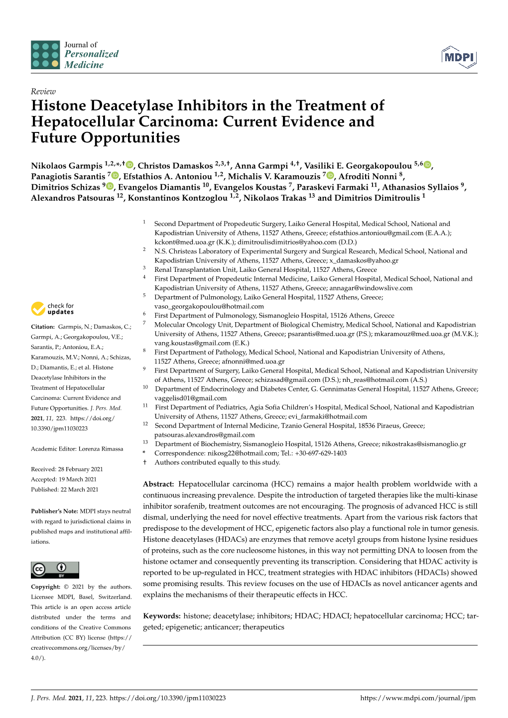 Histone Deacetylase Inhibitors in the Treatment of Hepatocellular Carcinoma: Current Evidence and Future Opportunities