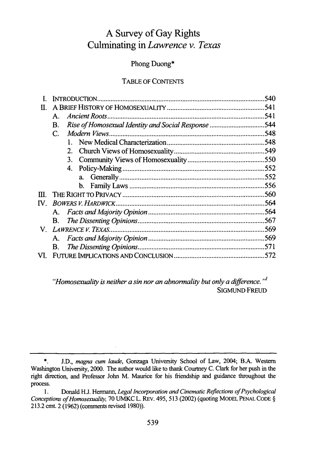 A Survey of Gay Rights Culminating in Lawrence V. Texas