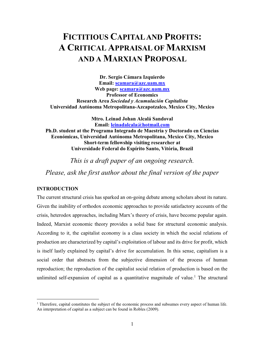 Fictitious Capital and Profits: a Critical Appraisal of Marxism and a Marxian Proposal