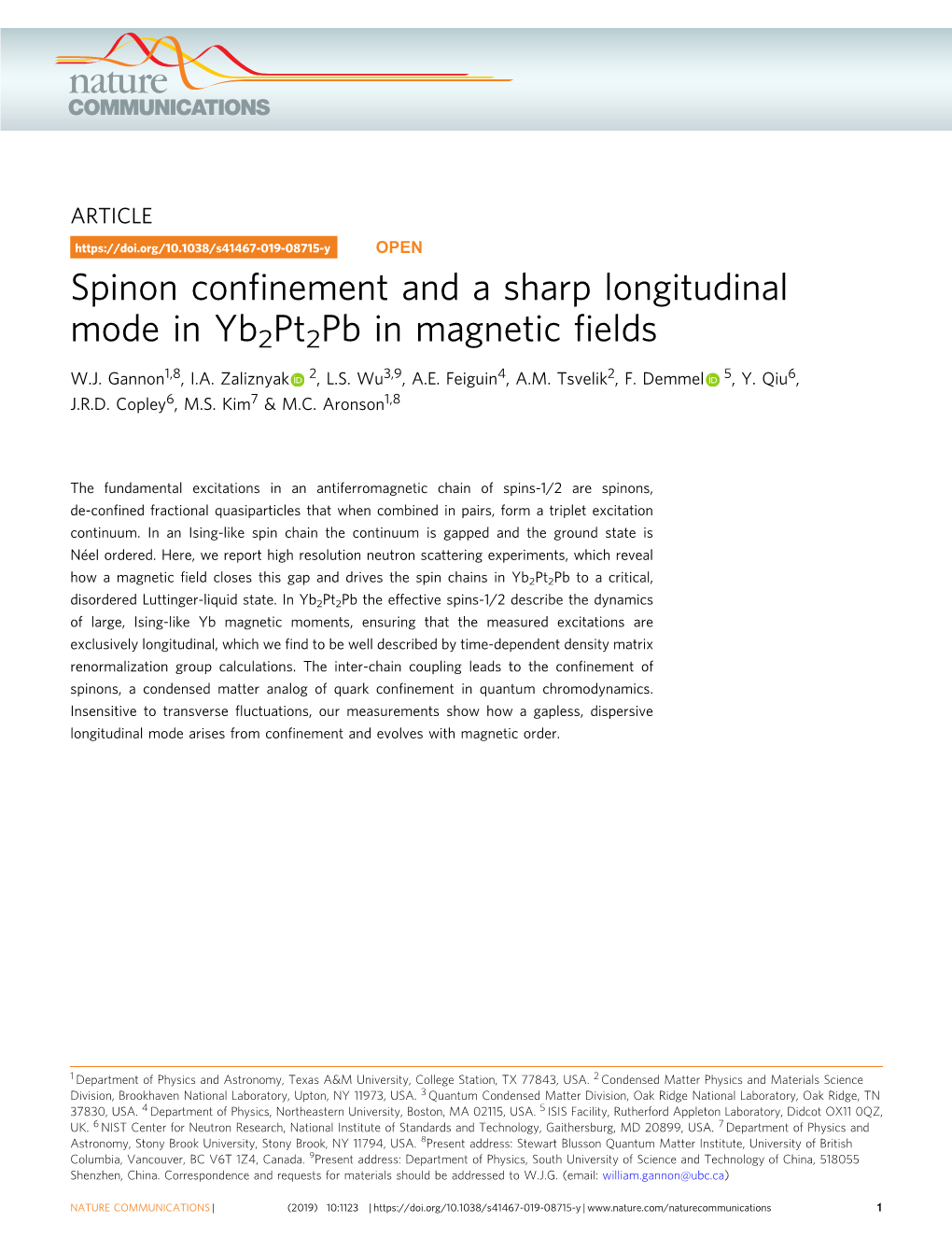 Spinon Confinement and a Sharp Longitudinal Mode in Yb2pt2pb In