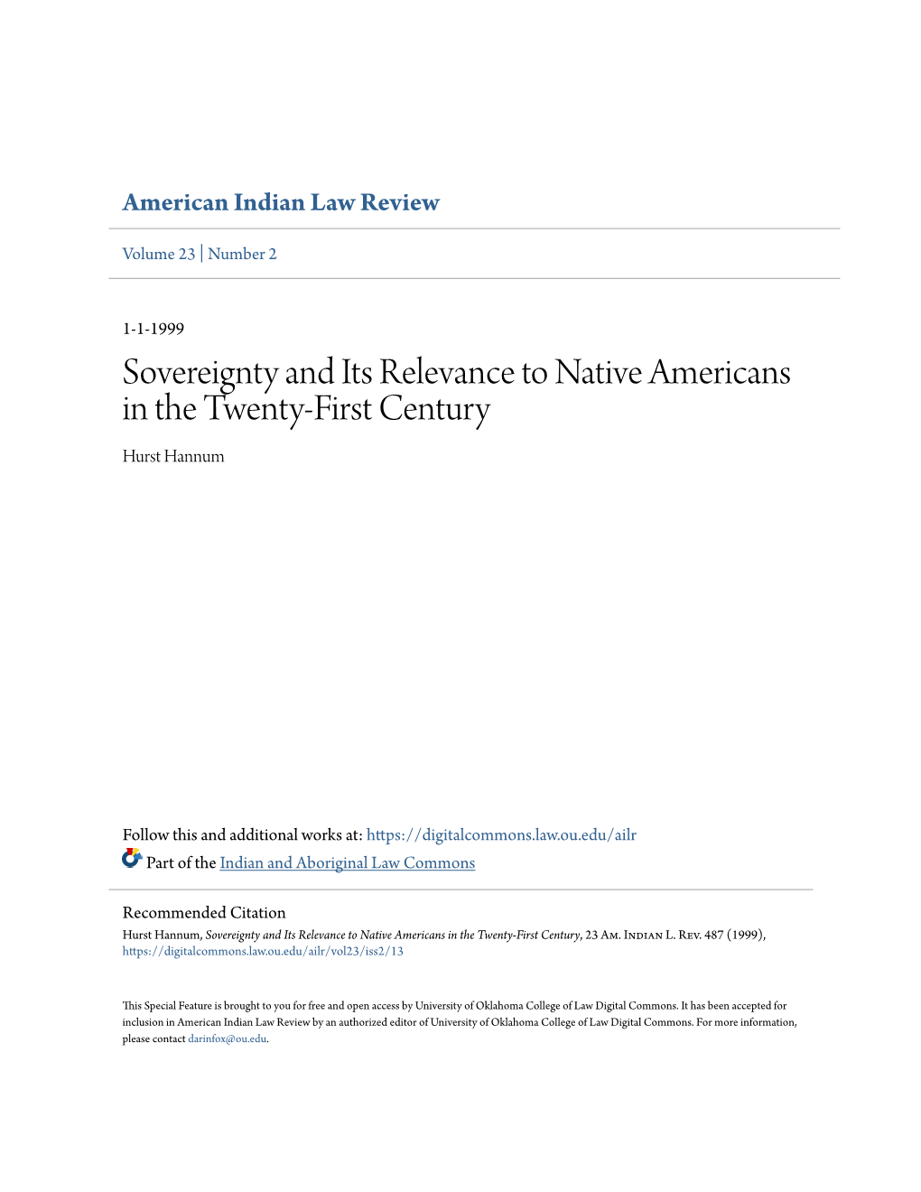 Sovereignty and Its Relevance to Native Americans in the Twenty-First Century Hurst Hannum