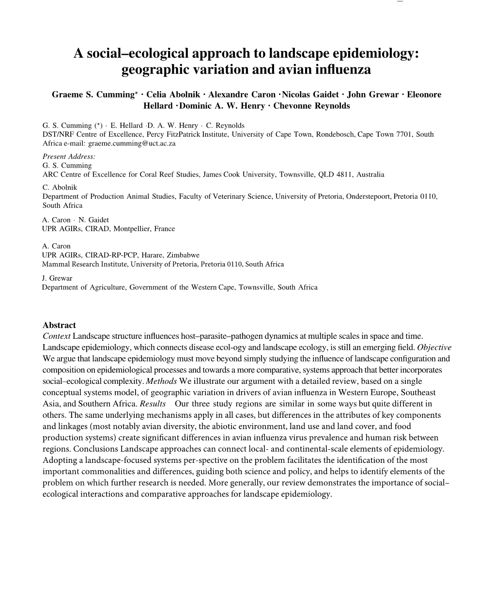 A Social–Ecological Approach to Landscape Epidemiology: Geographic Variation and Avian Inﬂuenza