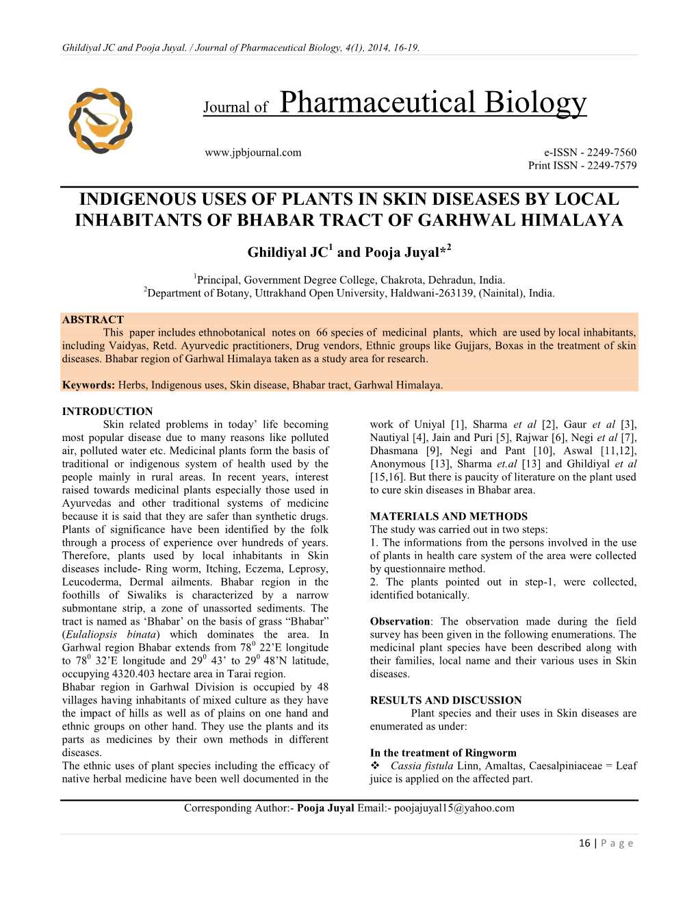 Indigenous Uses of Plants in Skin Diseases by Local Inhabitants of Bhabar Tract of Garhwal Himalaya