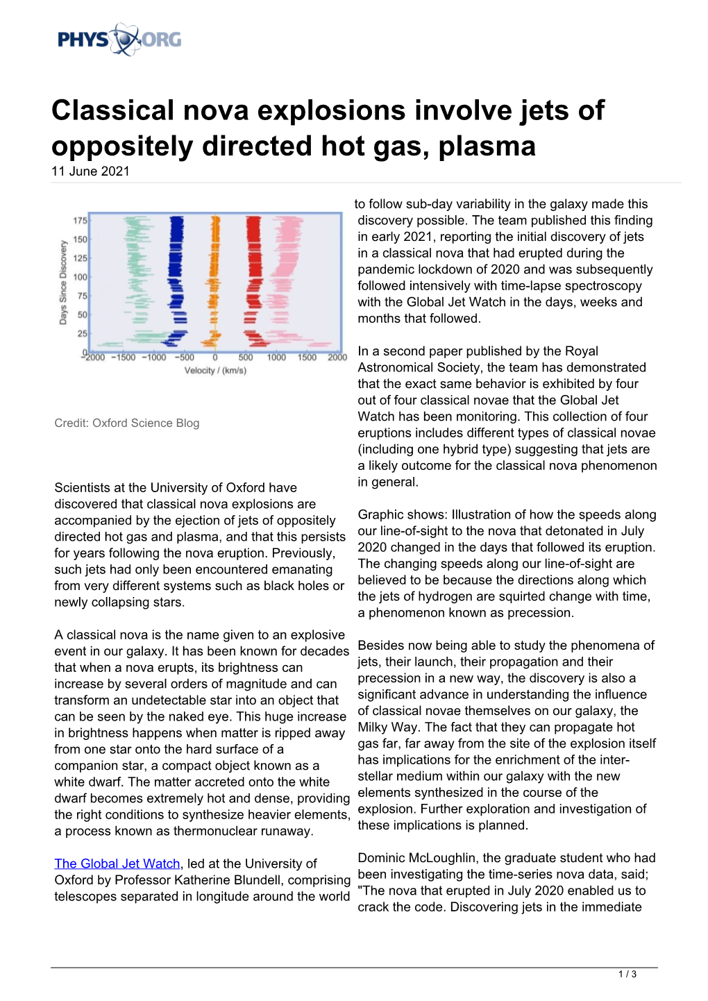 Classical Nova Explosions Involve Jets of Oppositely Directed Hot Gas, Plasma 11 June 2021