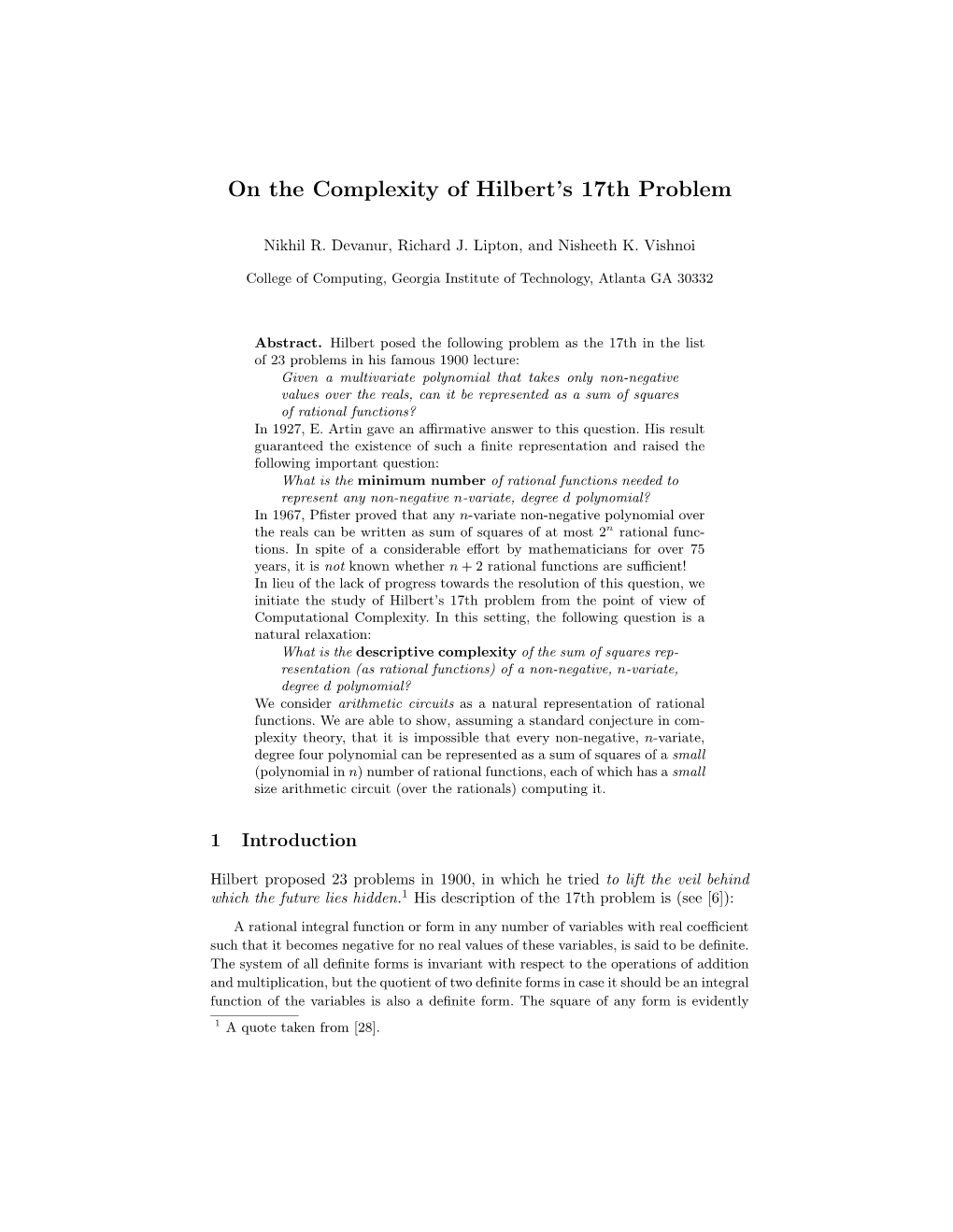 On the Complexity of Hilbert's 17Th Problem