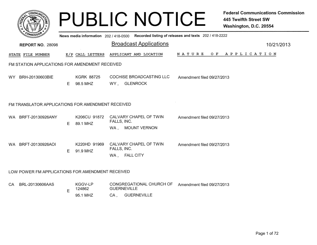 REPORT NO. 28098 Broadcast Applications 10/21/2013