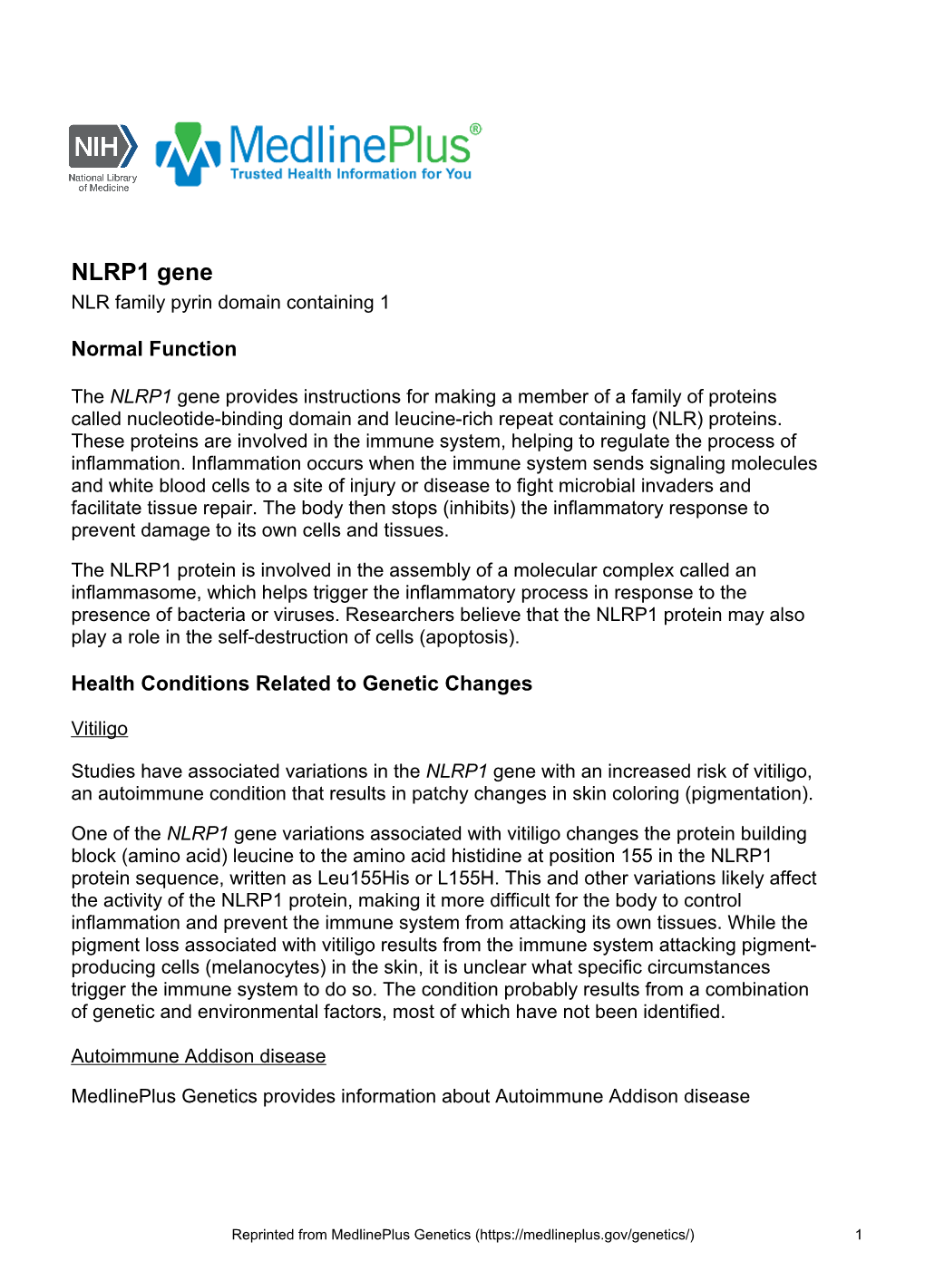 NLRP1 Gene NLR Family Pyrin Domain Containing 1