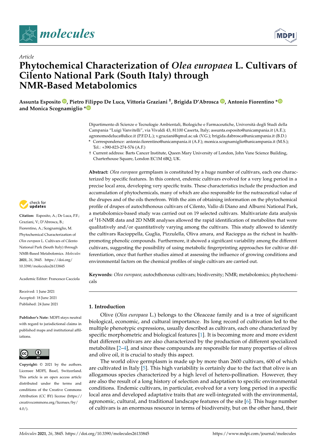 Phytochemical Characterization of Olea Europaea L. Cultivars of Cilento National Park (South Italy) Through NMR-Based Metabolomics