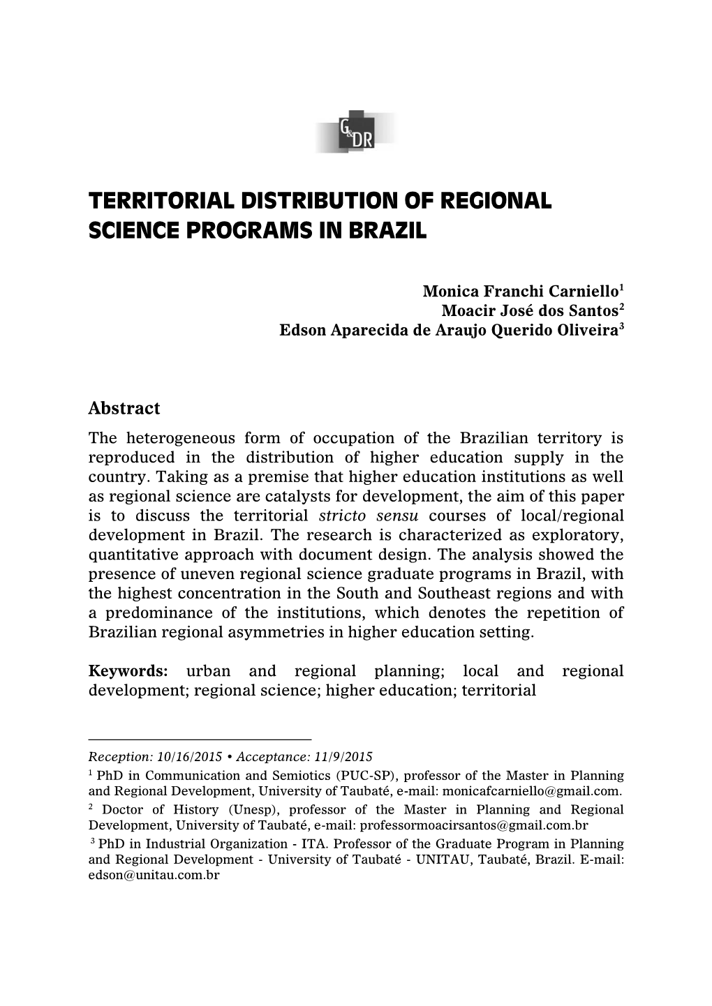 Territorial Distribution of Regional Science Programs in Brazil