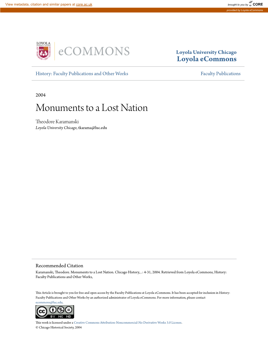 Monuments to a Lost Nation Theodore Karamanski Loyola University Chicago, Tkarama@Luc.Edu