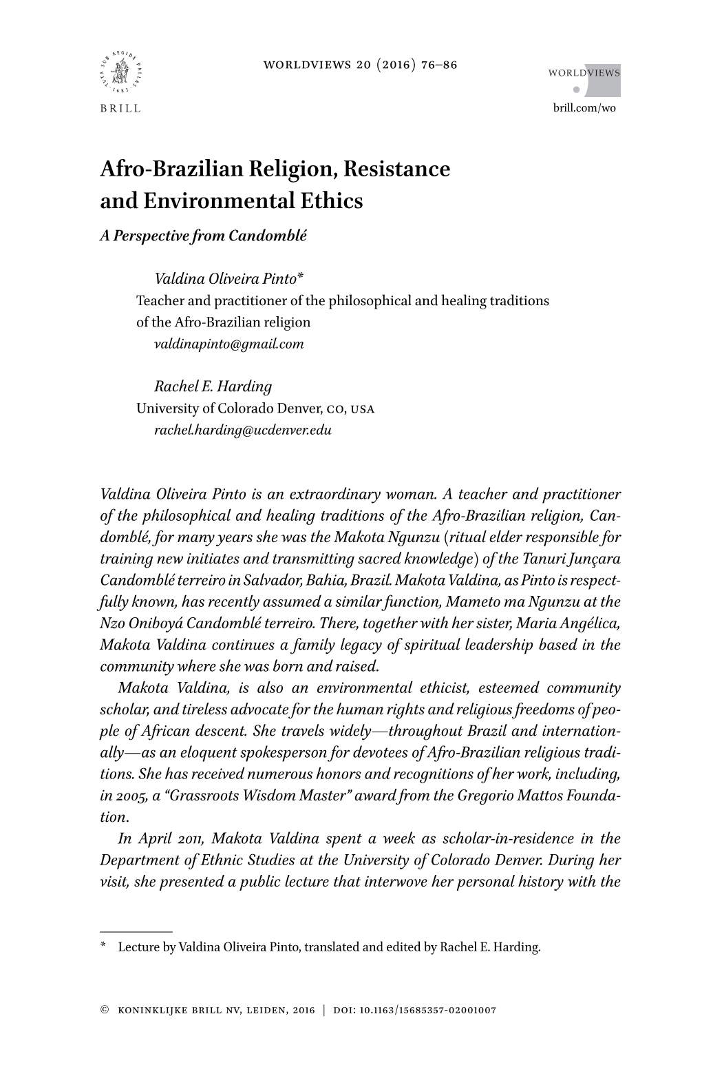 Afro-Brazilian Religion, Resistance and Environmental Ethics a Perspective from Candomblé
