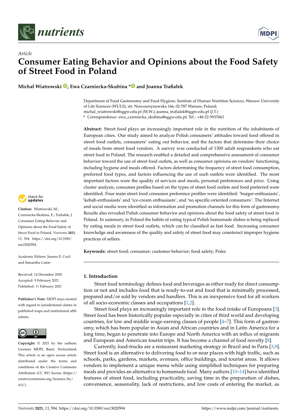 Consumer Eating Behavior and Opinions About the Food Safety of Street Food in Poland