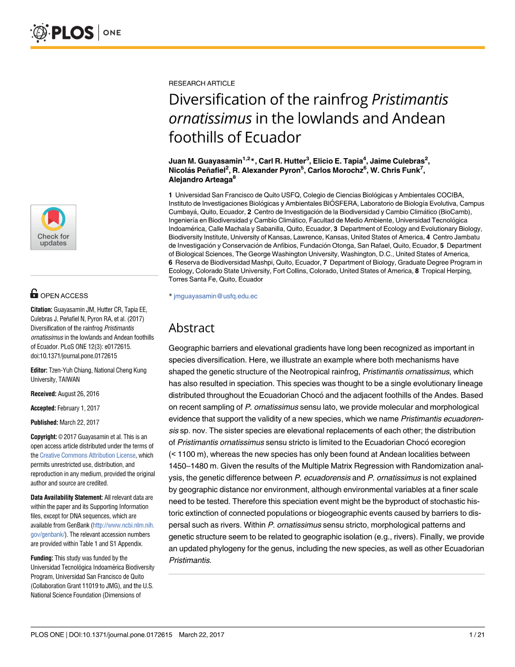 Diversification of the Rainfrog Pristimantis Ornatissimus in the Lowlands and Andean Foothills of Ecuador