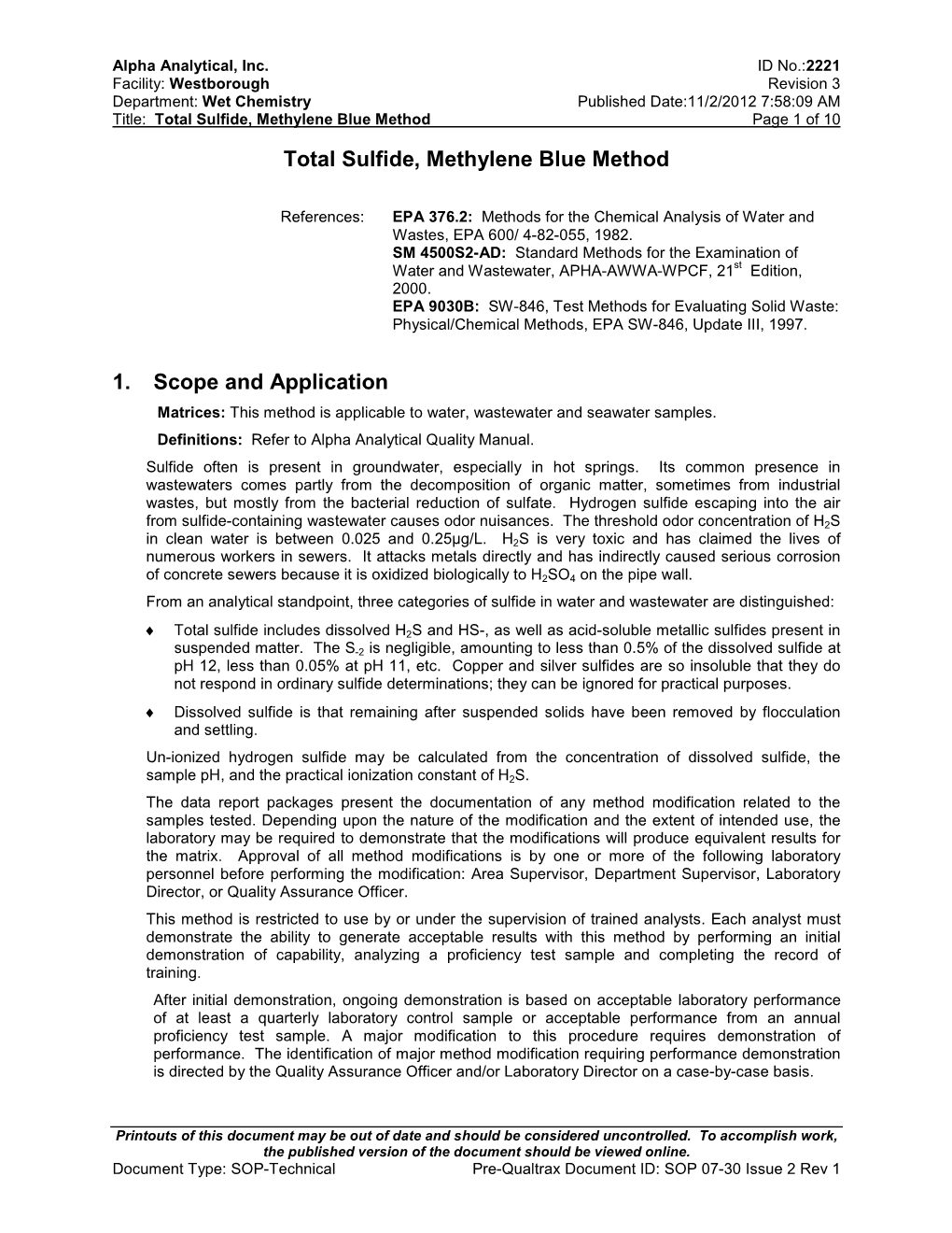 Total Sulfide, Methylene Blue Method 1. Scope and Application