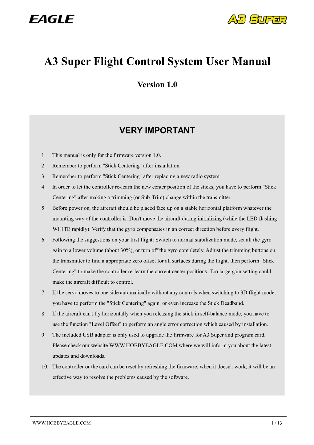 A3 Super Flight Control System User Manual