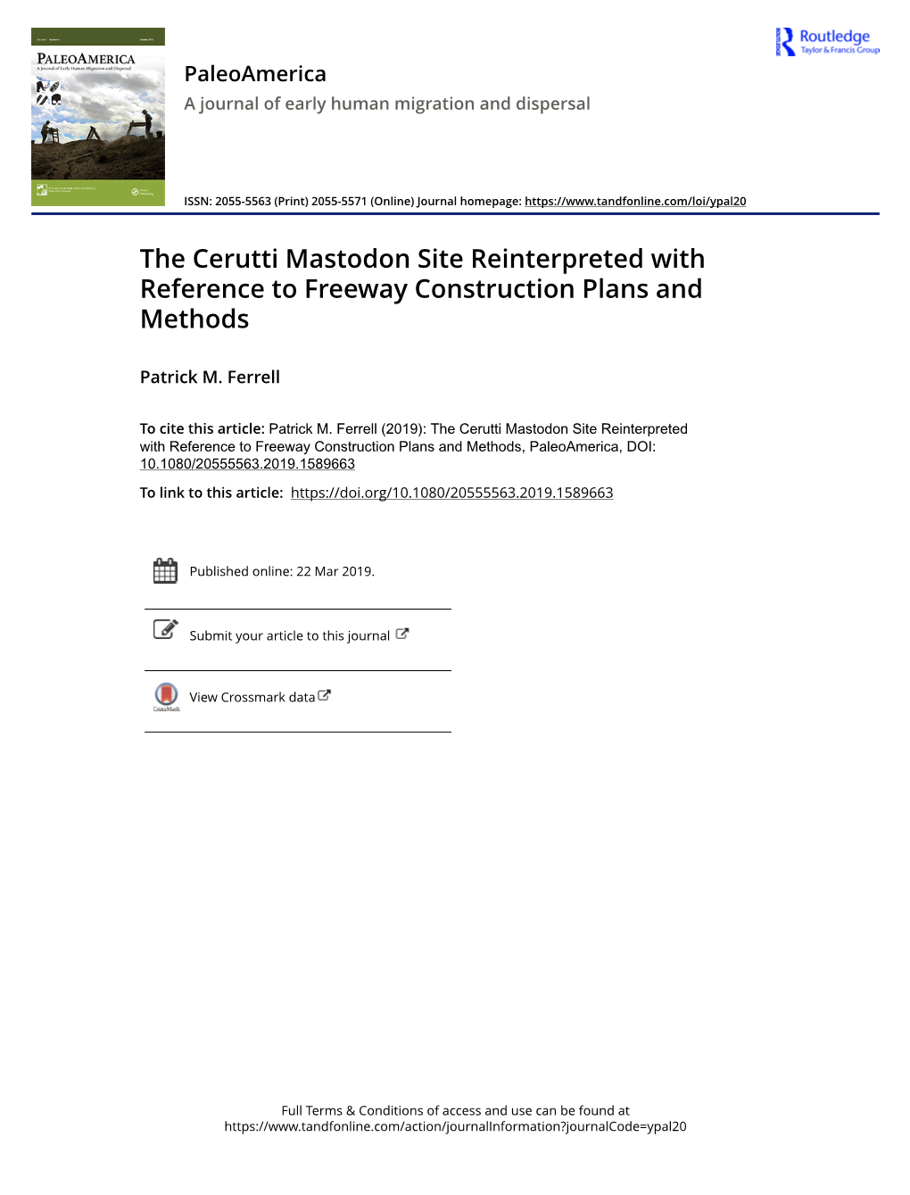 The Cerutti Mastodon Site Reinterpreted with Reference to Freeway Construction Plans and Methods