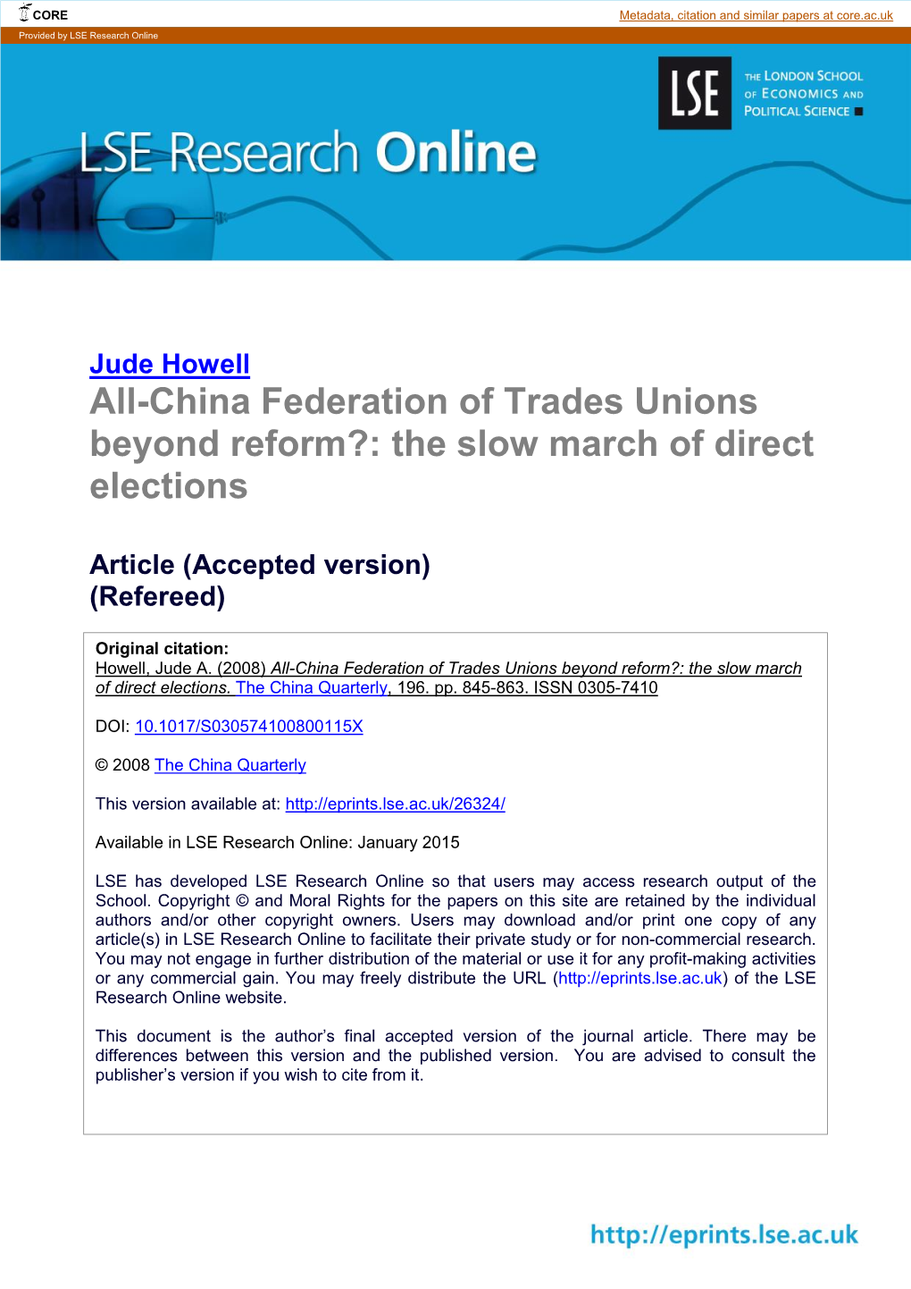All-China Federation of Trades Unions Beyond Reform?: the Slow March of Direct Elections