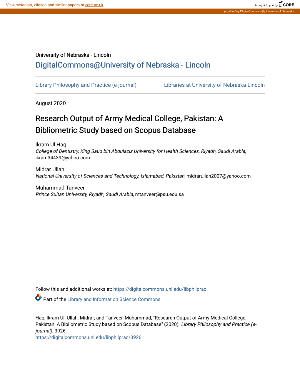 Research Output of Army Medical College, Pakistan: a Bibliometric Study Based on Scopus Database