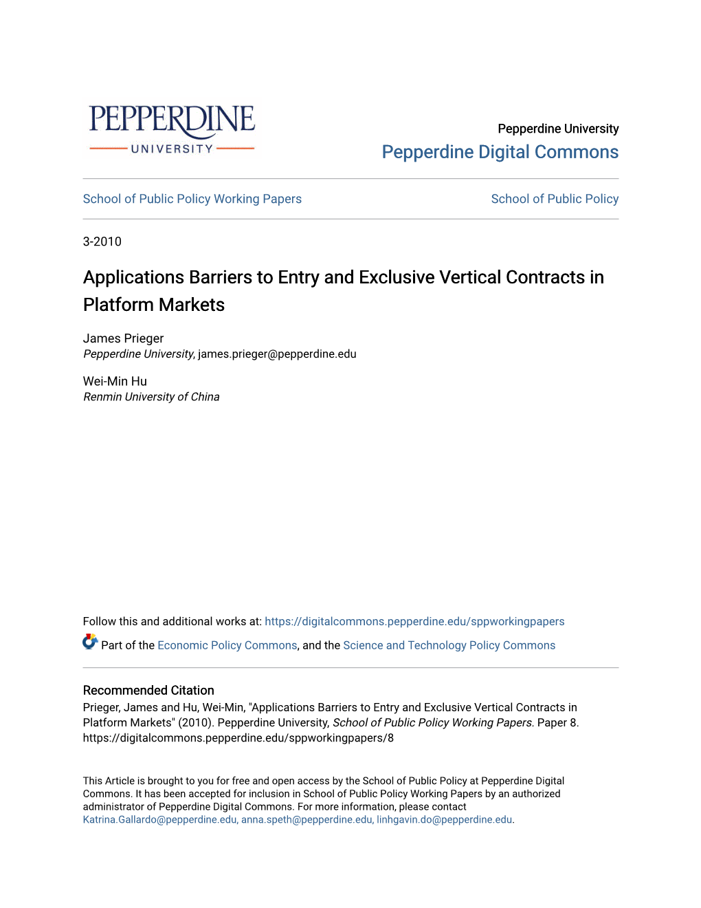 Applications Barriers to Entry and Exclusive Vertical Contracts in Platform Markets