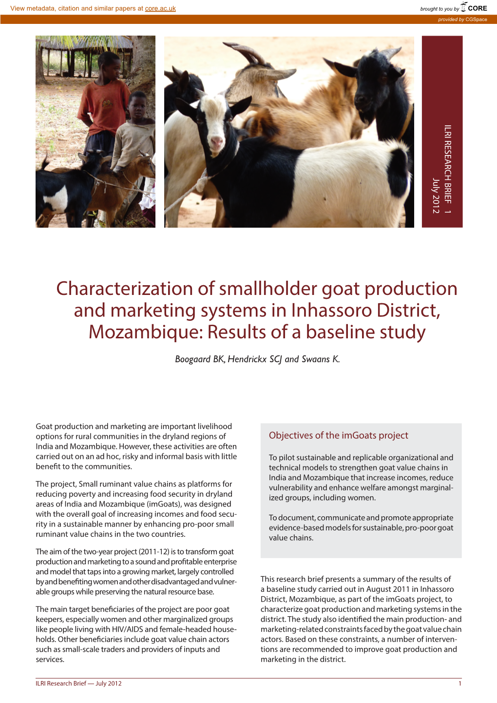 Characterization of Smallholder Goat Production and Marketing Systems in Inhassoro District, Mozambique: Results of a Baseline Study