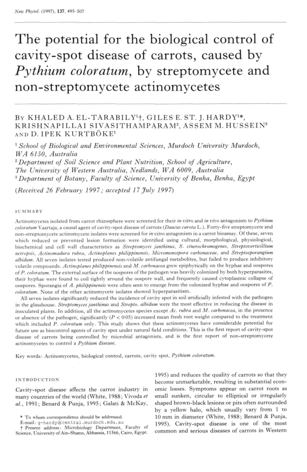 The Potential for the Biological Control of Cavity-Spot Disease of Carrots, Caused by Pythium Coloratum, by Streptomycete and Non-Streptomycete Actinomycetes