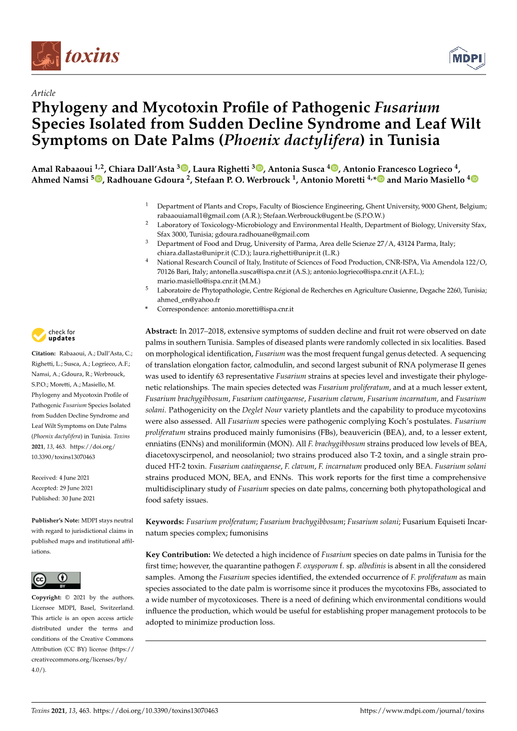 Phylogeny and Mycotoxin Profile of Pathogenic Fusarium Species