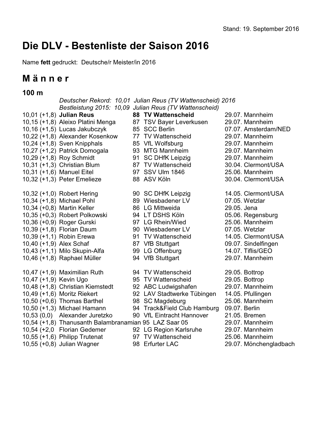 Die DLV - Bestenliste Der Saison 2016