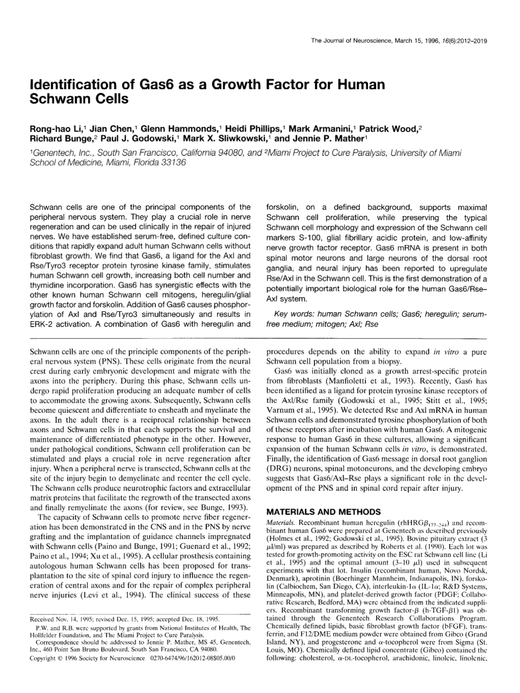 Identification of Gas6 As a Growth Factor for Human Schwann Cells
