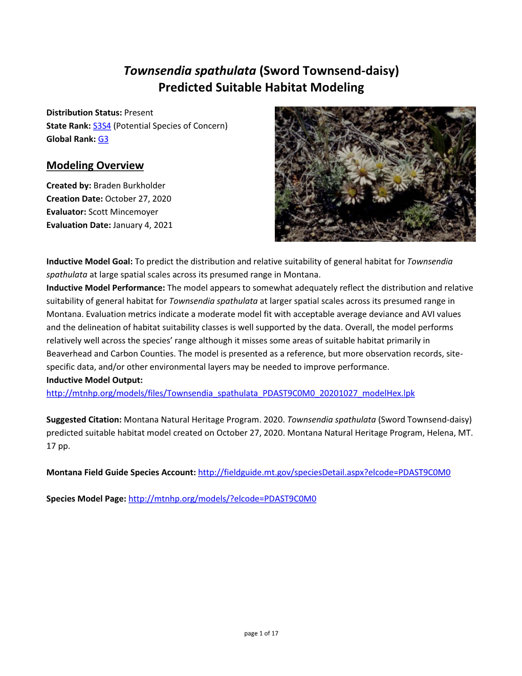 Townsendia Spathulata (Sword Townsend-Daisy) Predicted Suitable Habitat Modeling