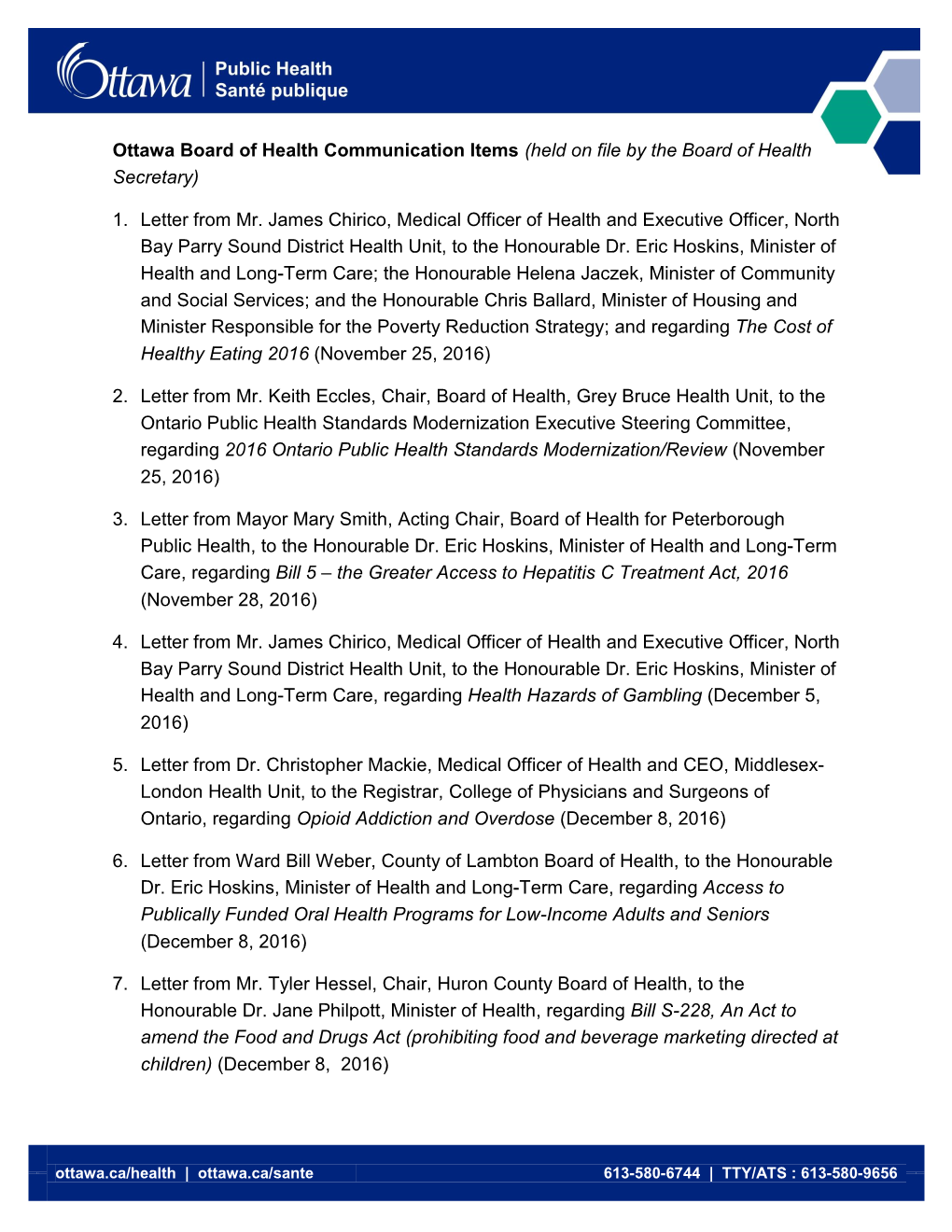 Ottawa Board of Health Communication Items List EN