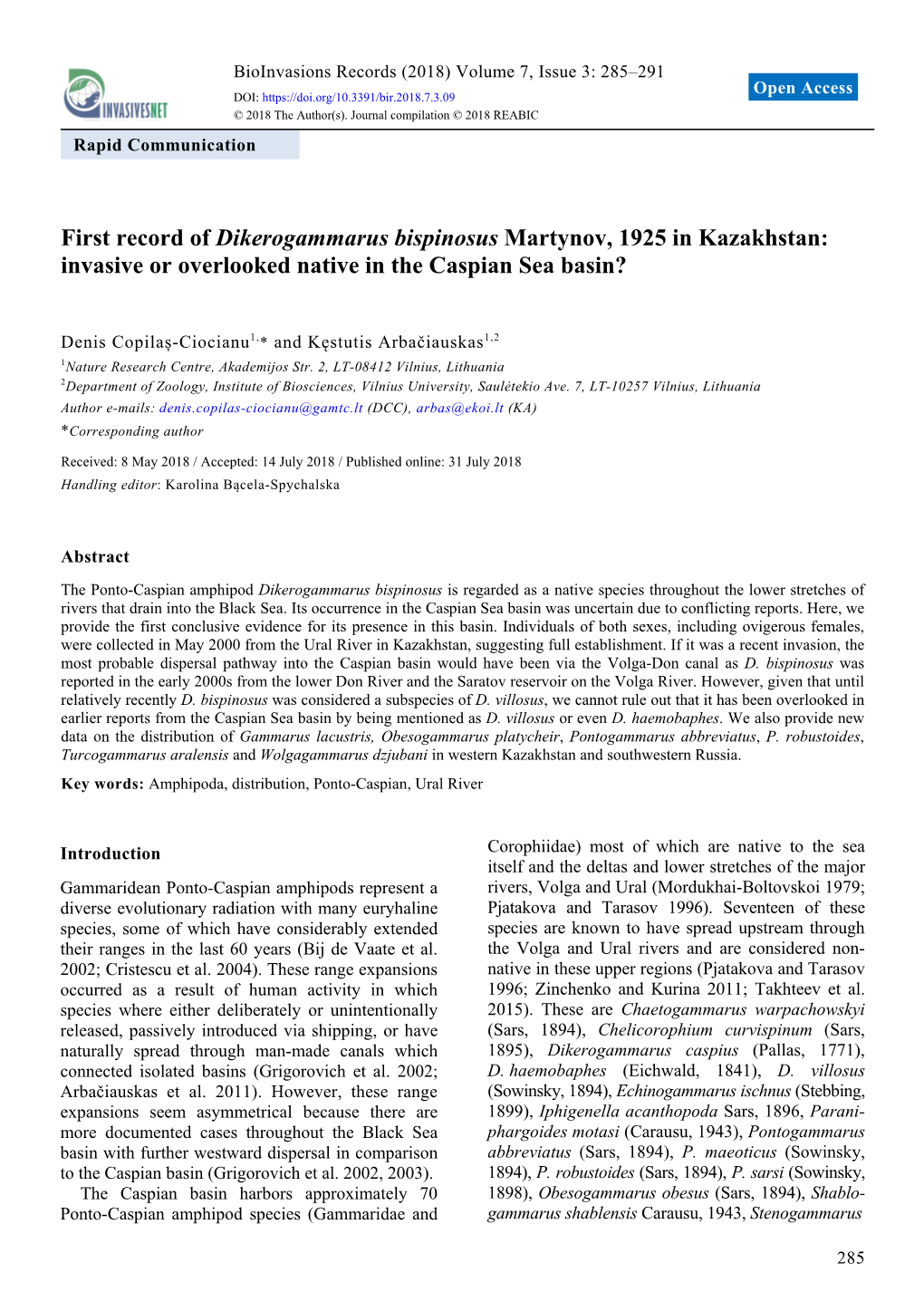 First Record of Dikerogammarus Bispinosus Martynov, 1925 in Kazakhstan: Invasive Or Overlooked Native in the Caspian Sea Basin?