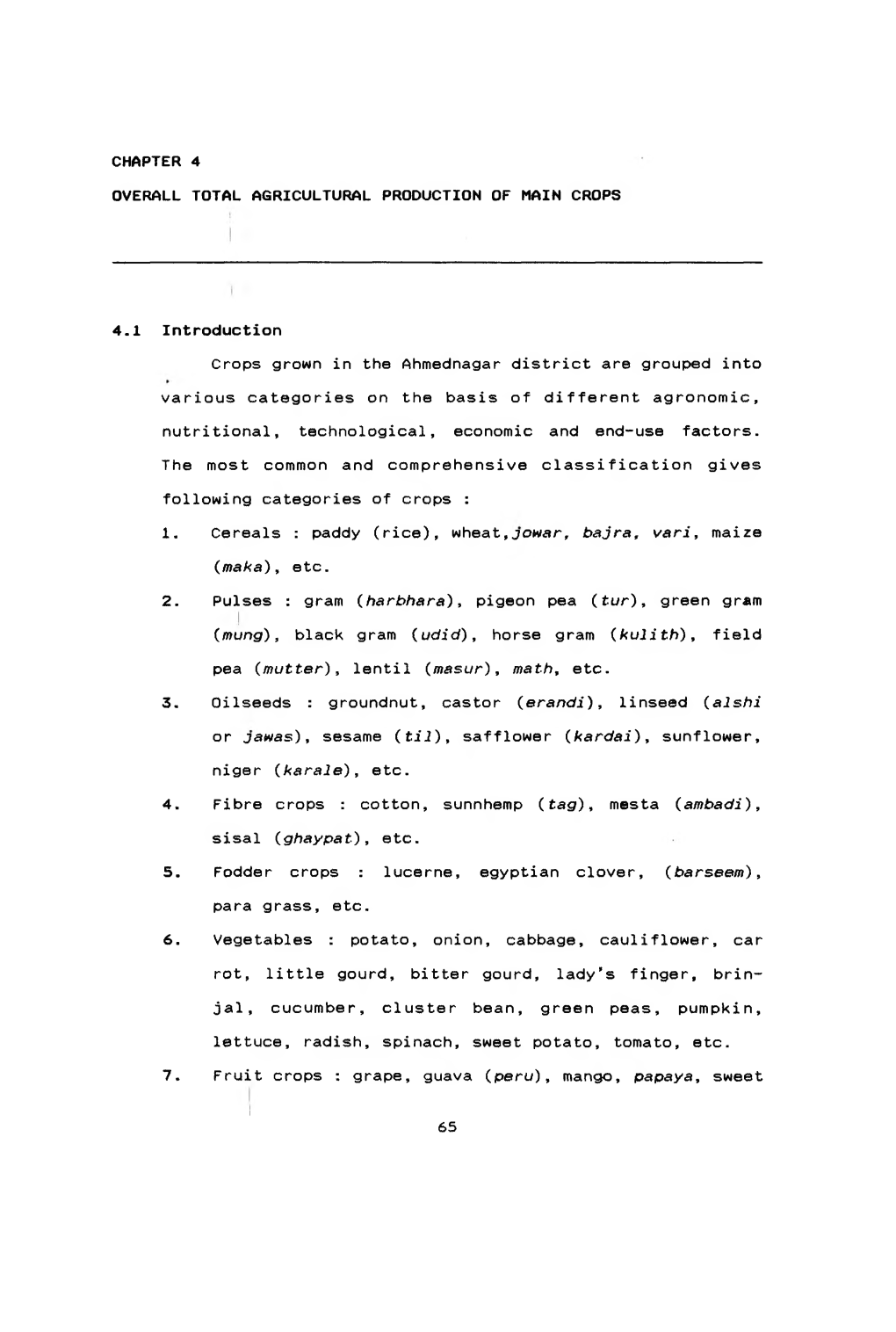 4.1 Introduction Crops Grown in the Ahmednagar District Are Grouped