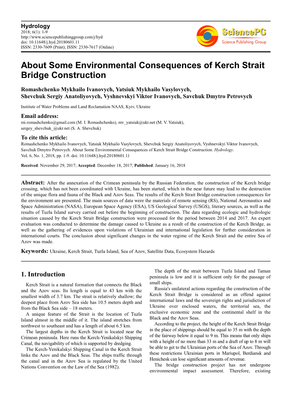 About Some Environmental Consequences of Kerch Strait Bridge Construction