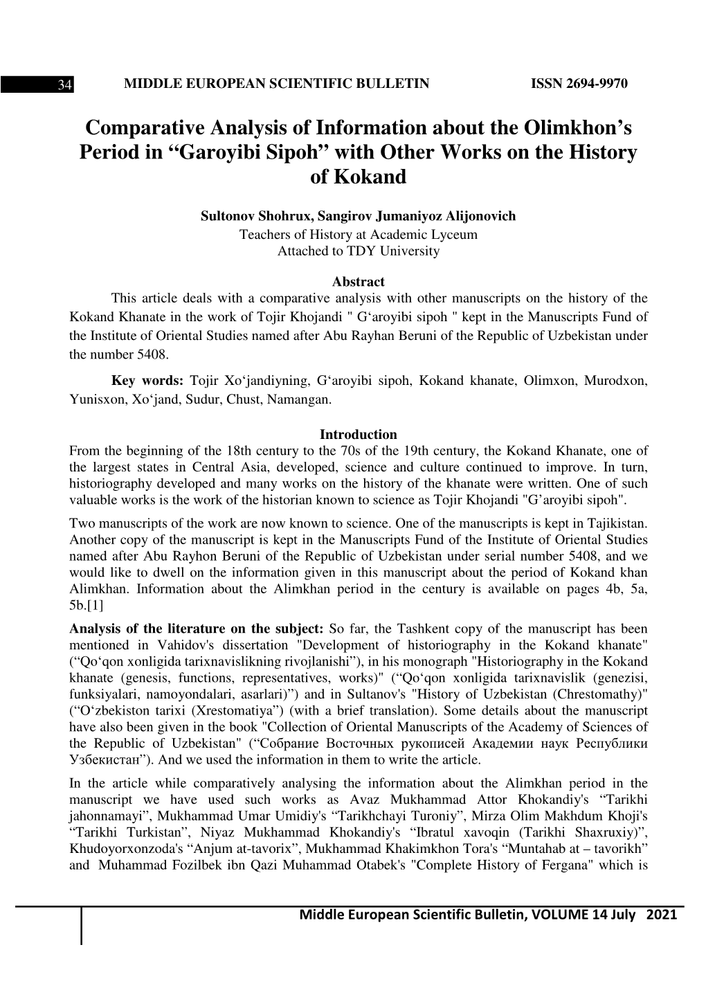 Comparative Analysis of Information About the Olimkhon’S Period in “Garoyibi Sipoh” with Other Works on the History of Kokand