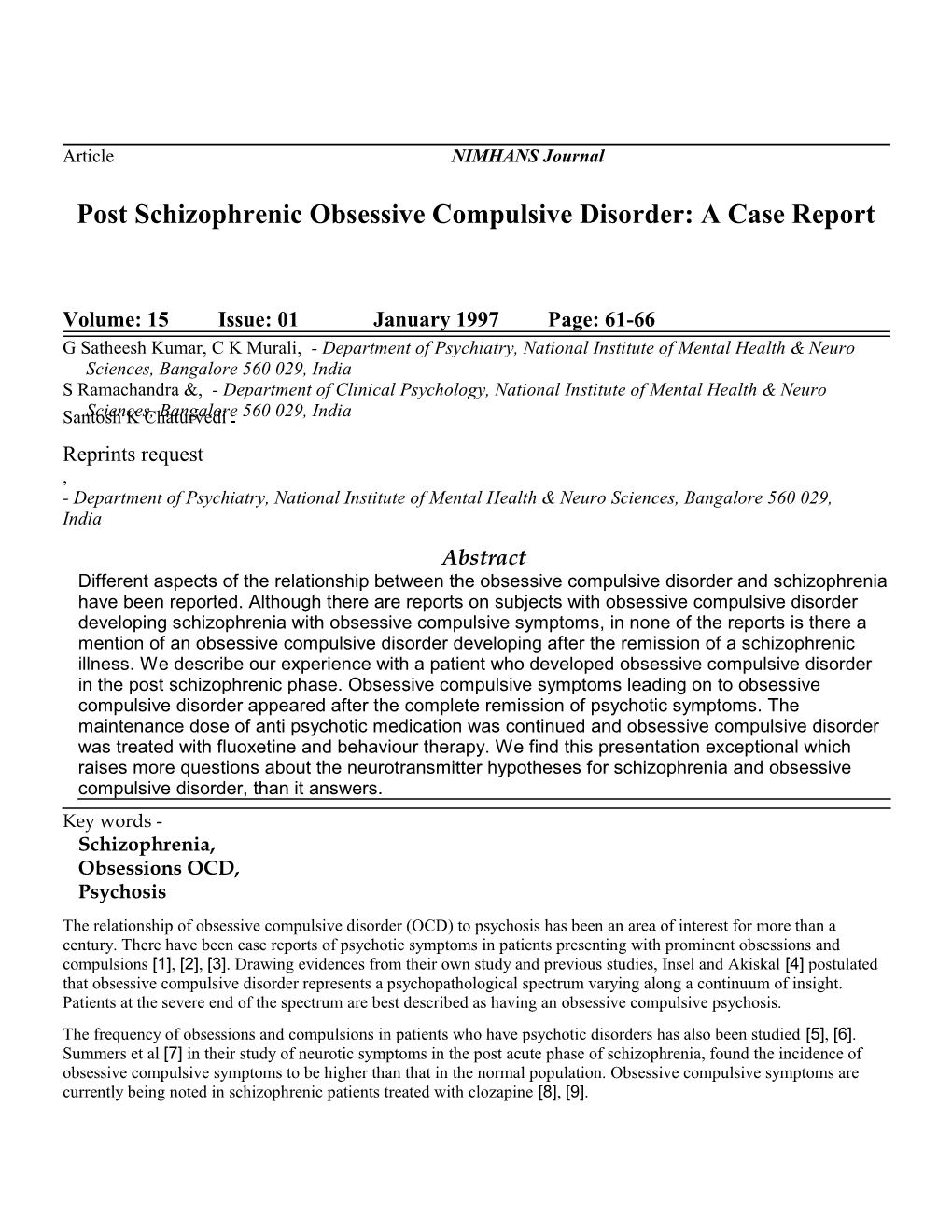 Post Schizophrenic Obsessive Compulsive Disorder: a Case Report