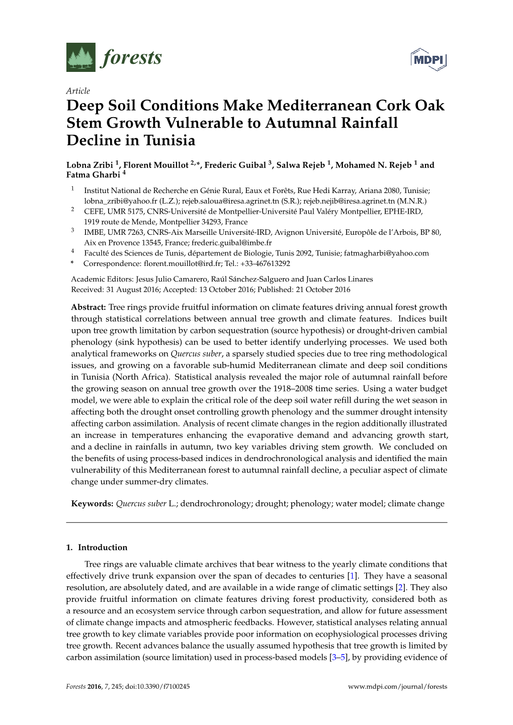 Deep Soil Conditions Make Mediterranean Cork Oak Stem Growth Vulnerable to Autumnal Rainfall Decline in Tunisia