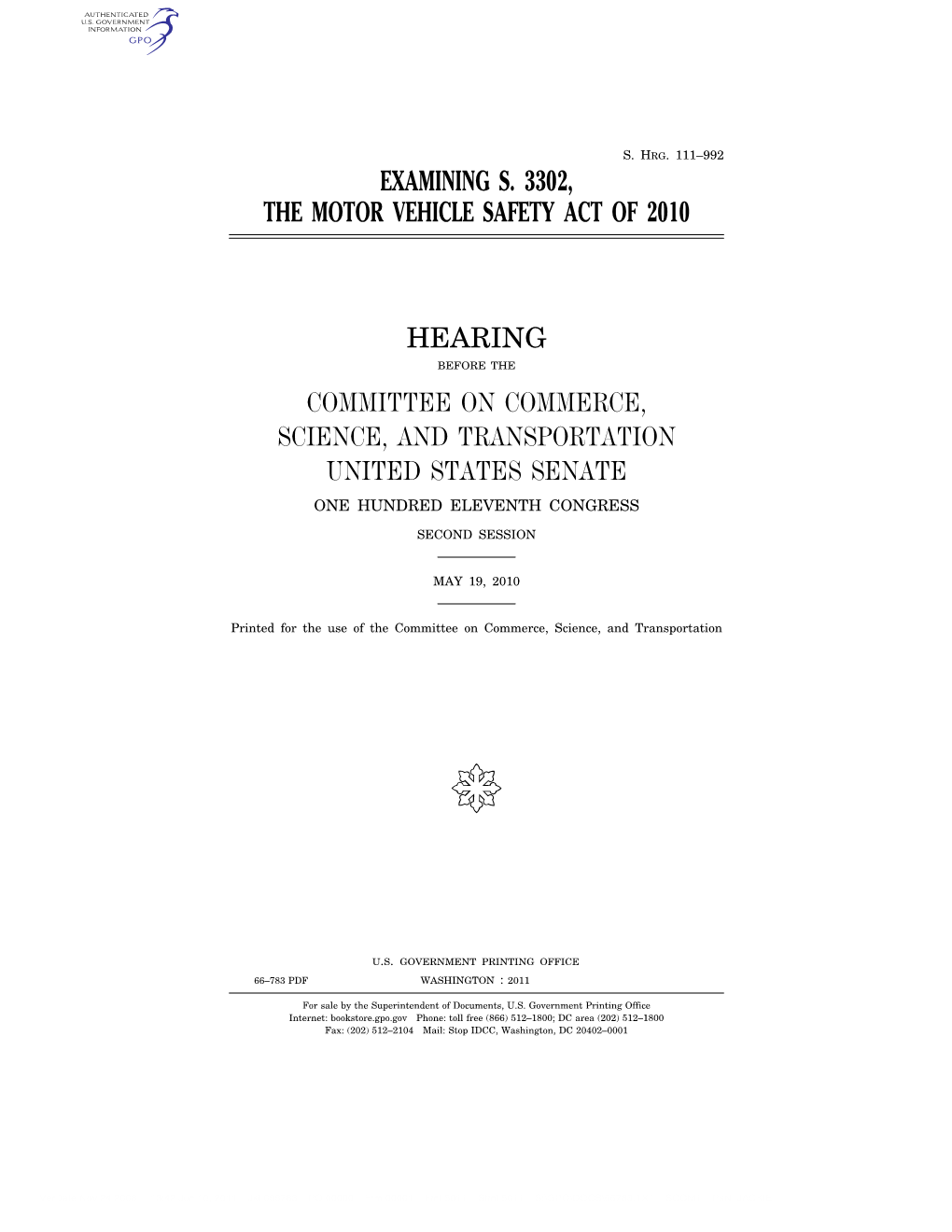 Examining S. 3302, the Motor Vehicle Safety Act of 2010