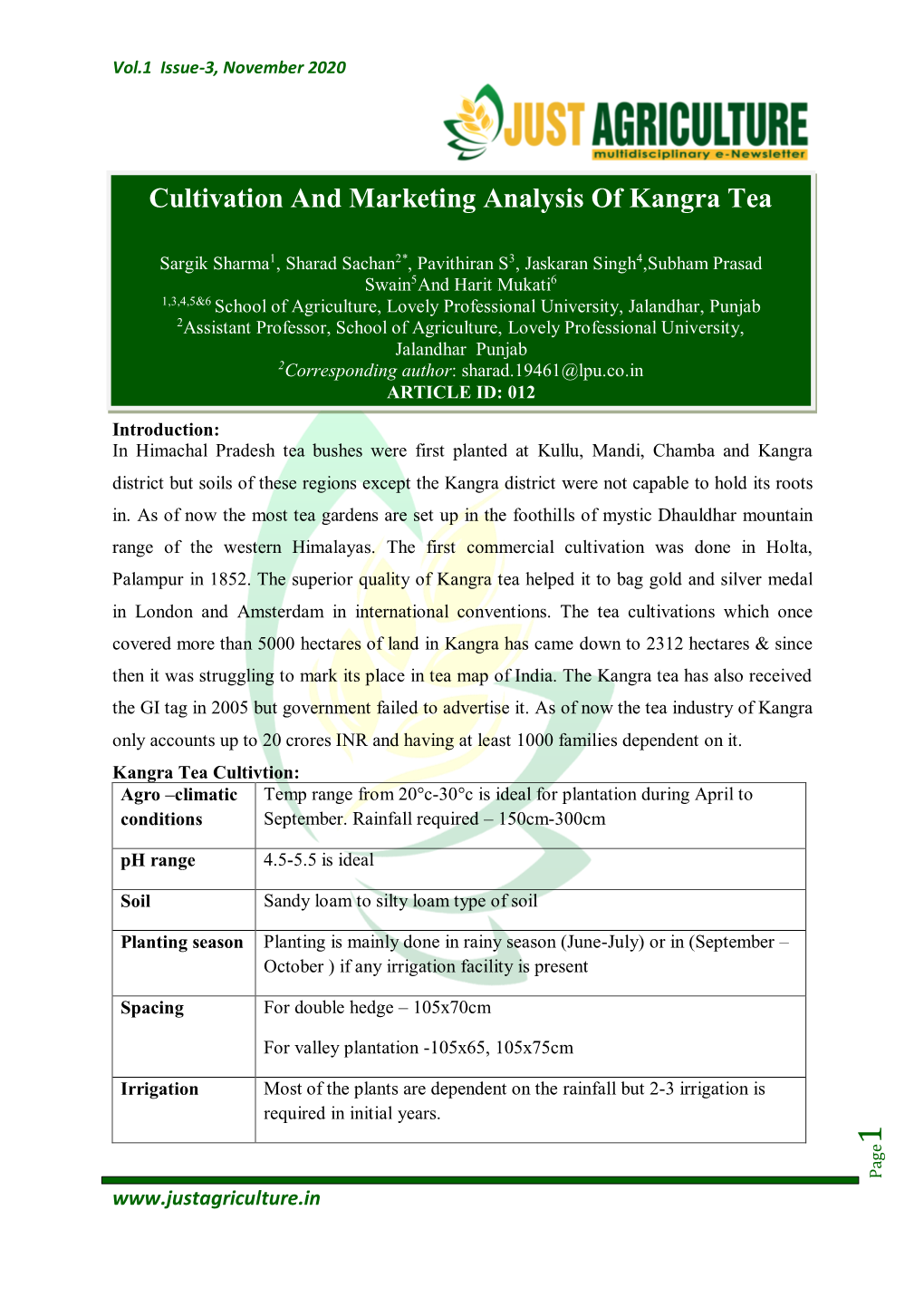 Cultivation and Marketing Analysis of Kangra Tea