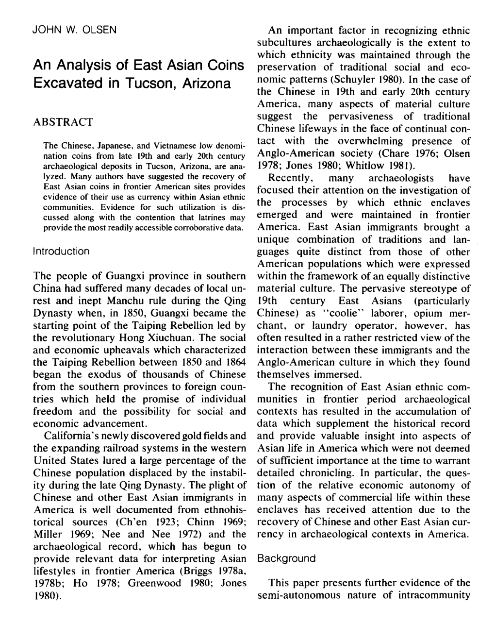 An Analysis of East Asian Coins Excavated in Tucson, Arizona