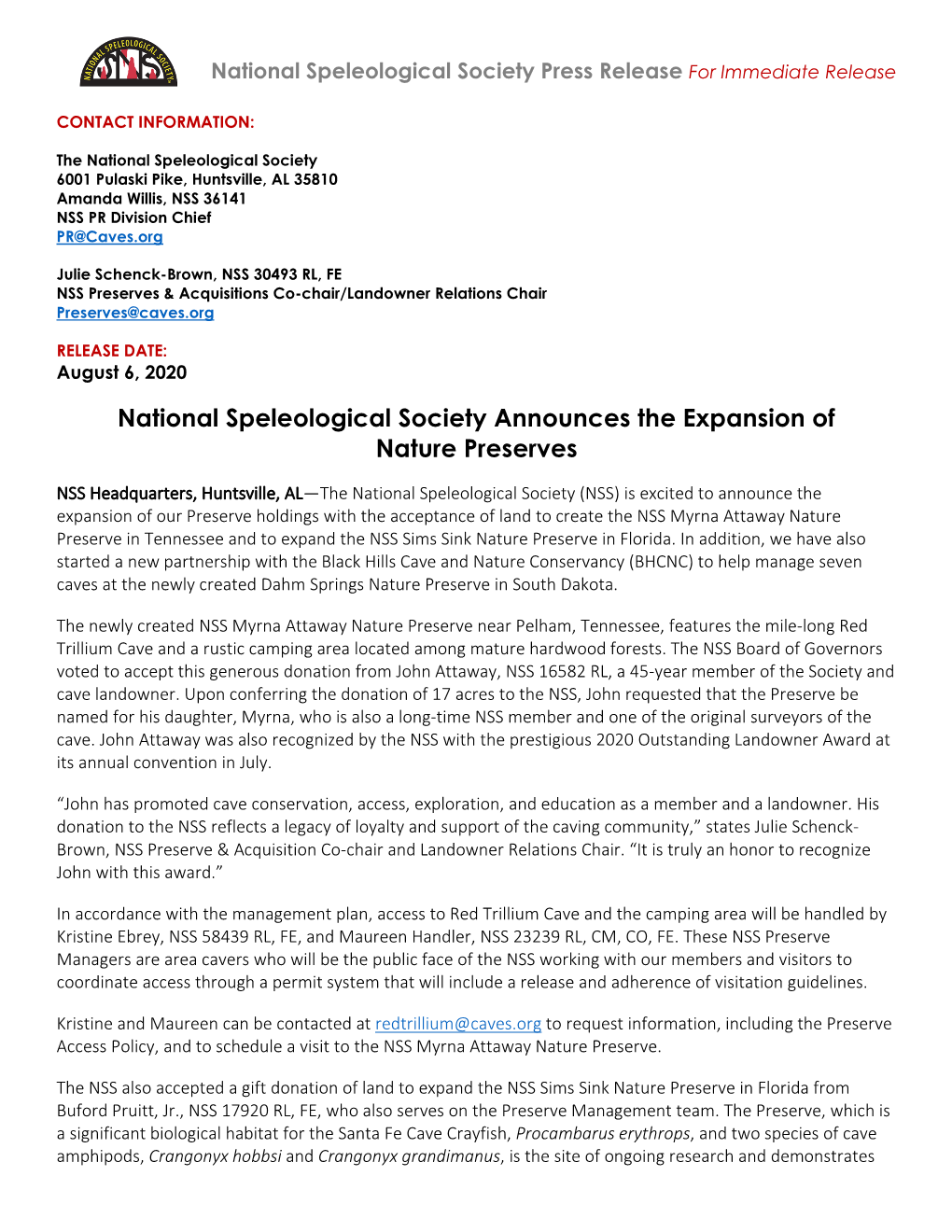 National Speleological Society Announces the Expansion of Nature Preserves