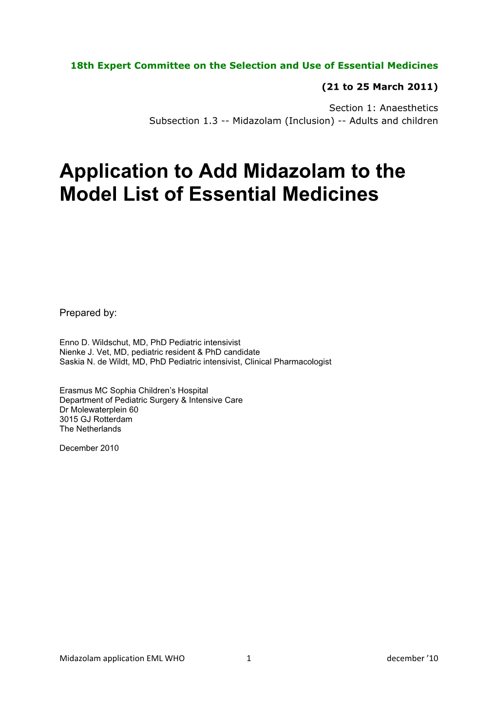 Application to Add Midazolam to the Model List of Essential Medicines