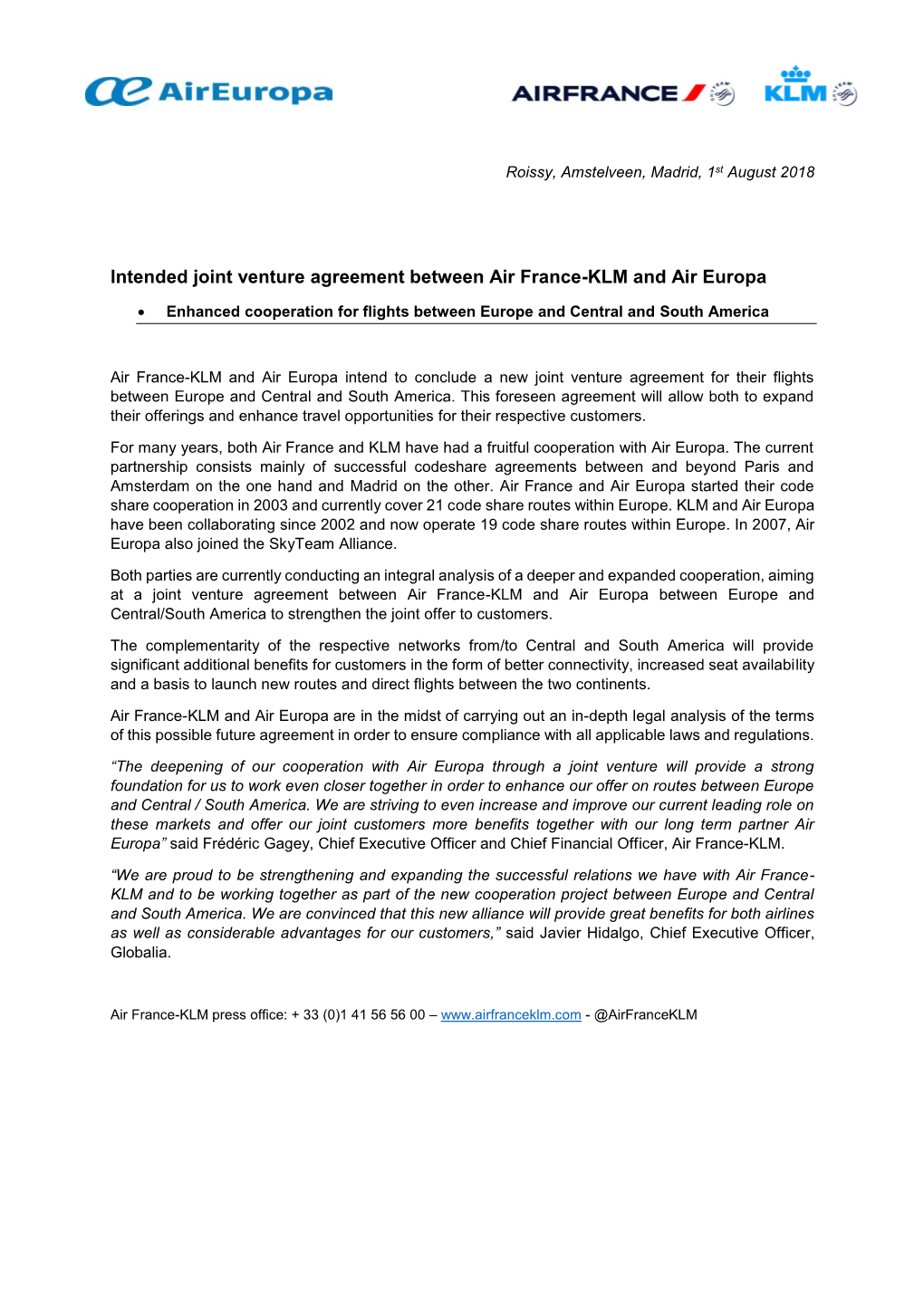 Intended Joint Venture Agreement Between Air France-KLM and Air Europa